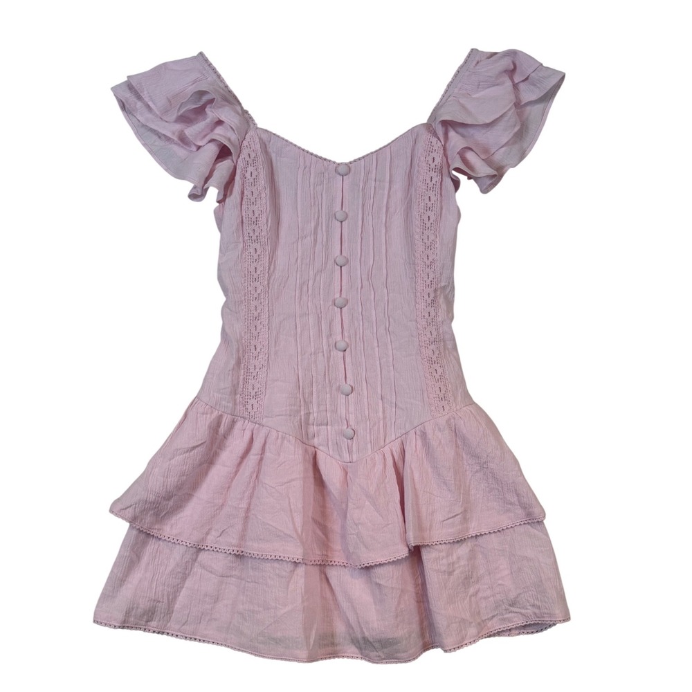 Pink Ruffle Mini Dress XS NWT Pintuck Lace Tiered Smocked‎ Coquette Fairycore